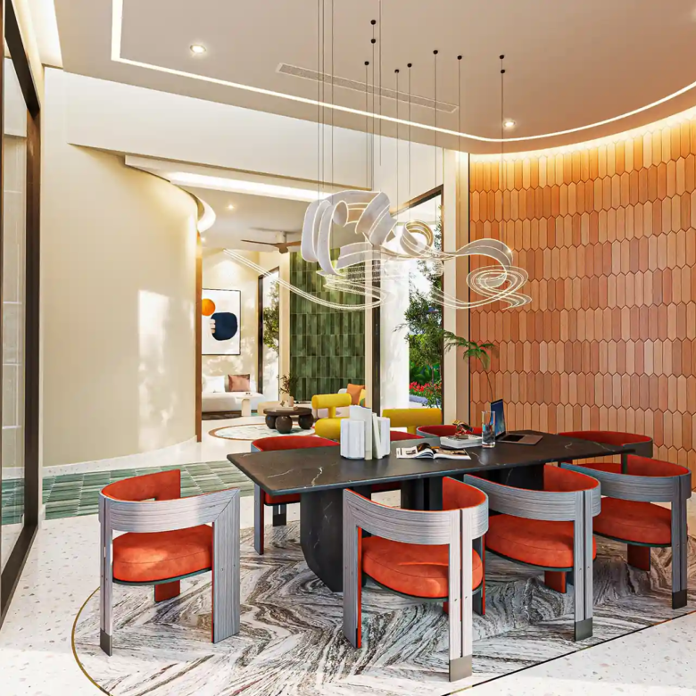 Botanica Pru Jampa Pool Villas colourful coworking lounge with designer lighting