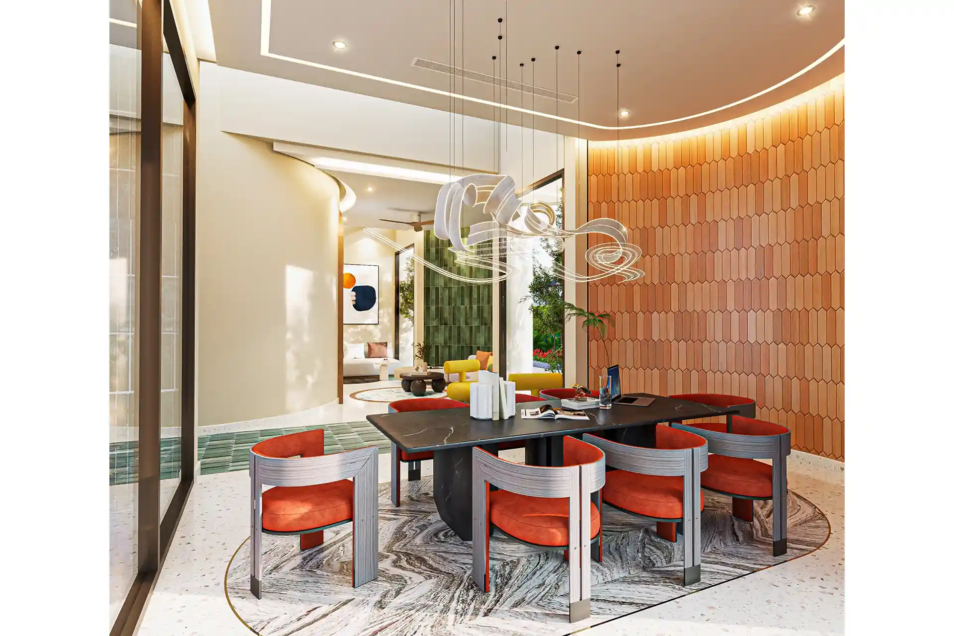 Botanica Pru Jampa Pool Villas colourful coworking lounge with designer lighting