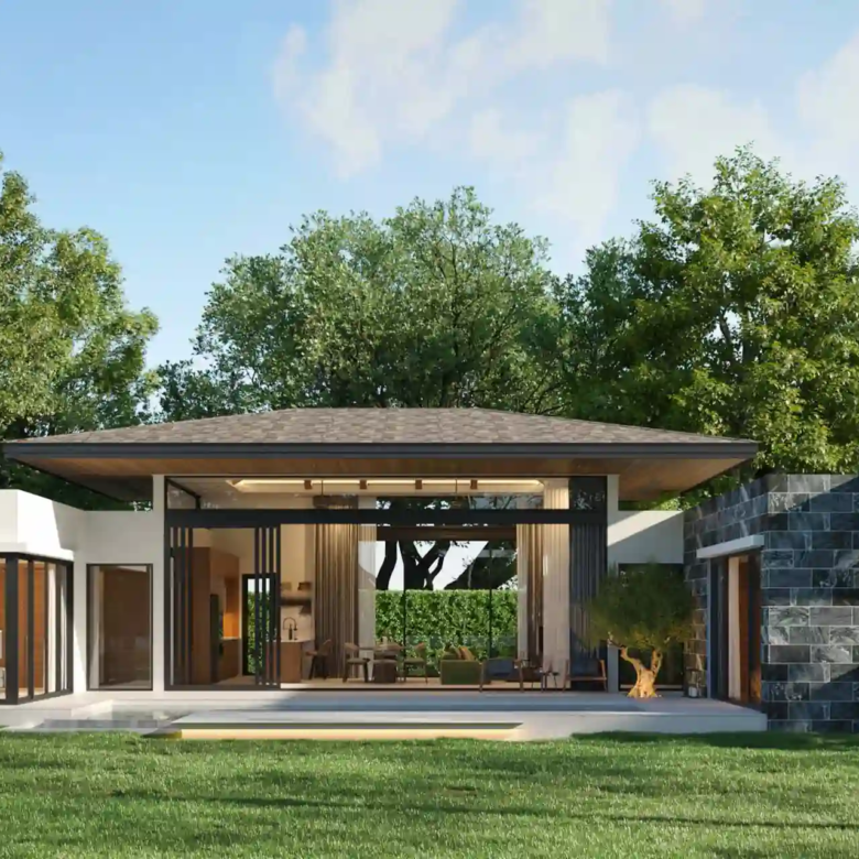Botanica Pru Jampa Pool Villas garden lawn facing open pavilion