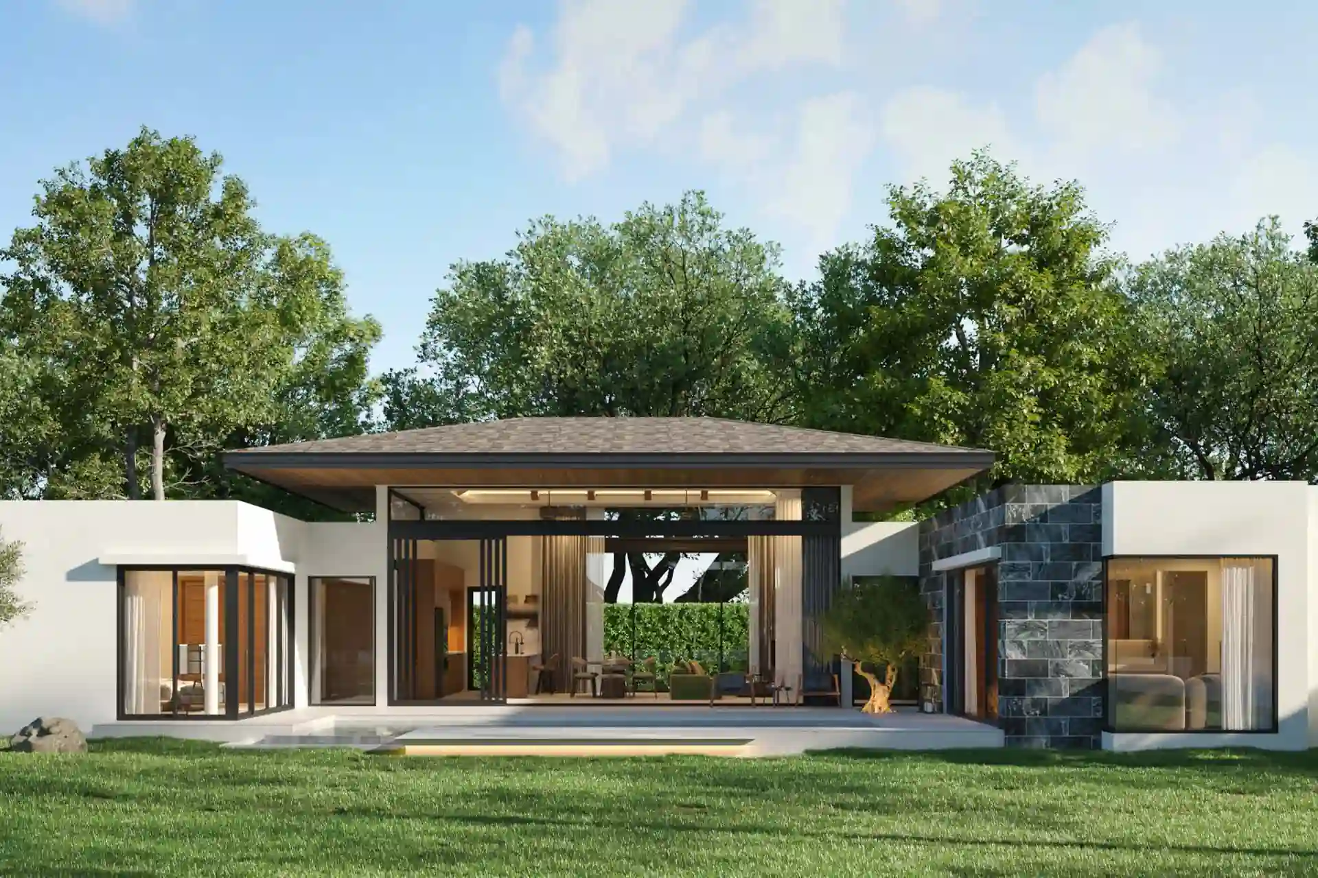 Botanica Pru Jampa Pool Villas garden lawn facing open pavilion
