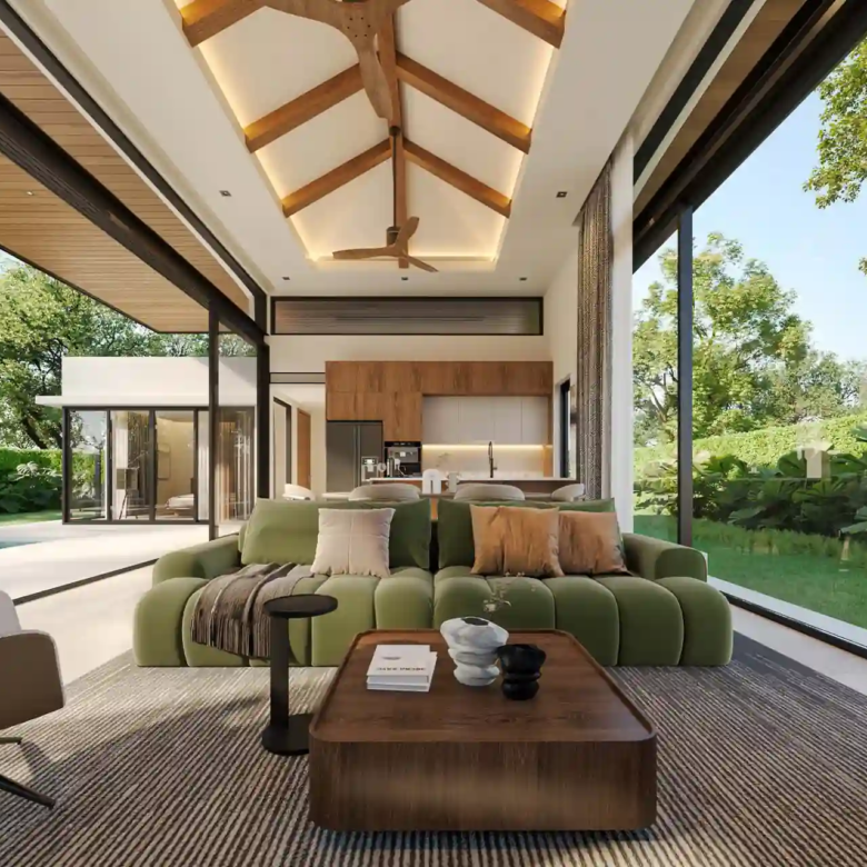 Botanica Pru Jampa Pool Villas open living room facing pool and garden