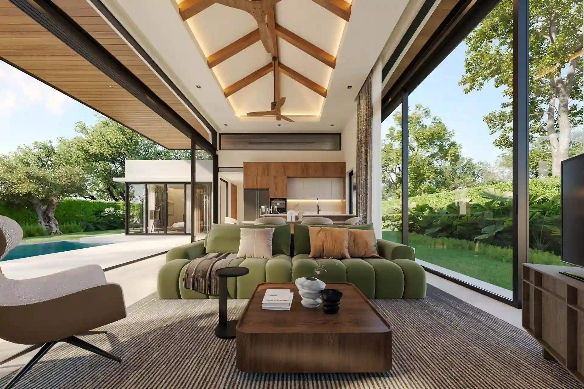 Botanica Pru Jampa Pool Villas open living room facing pool and garden