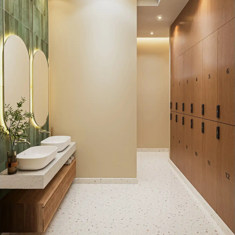 Botanica Pru Jampa Pool Villas locker room vanity with twin basins
