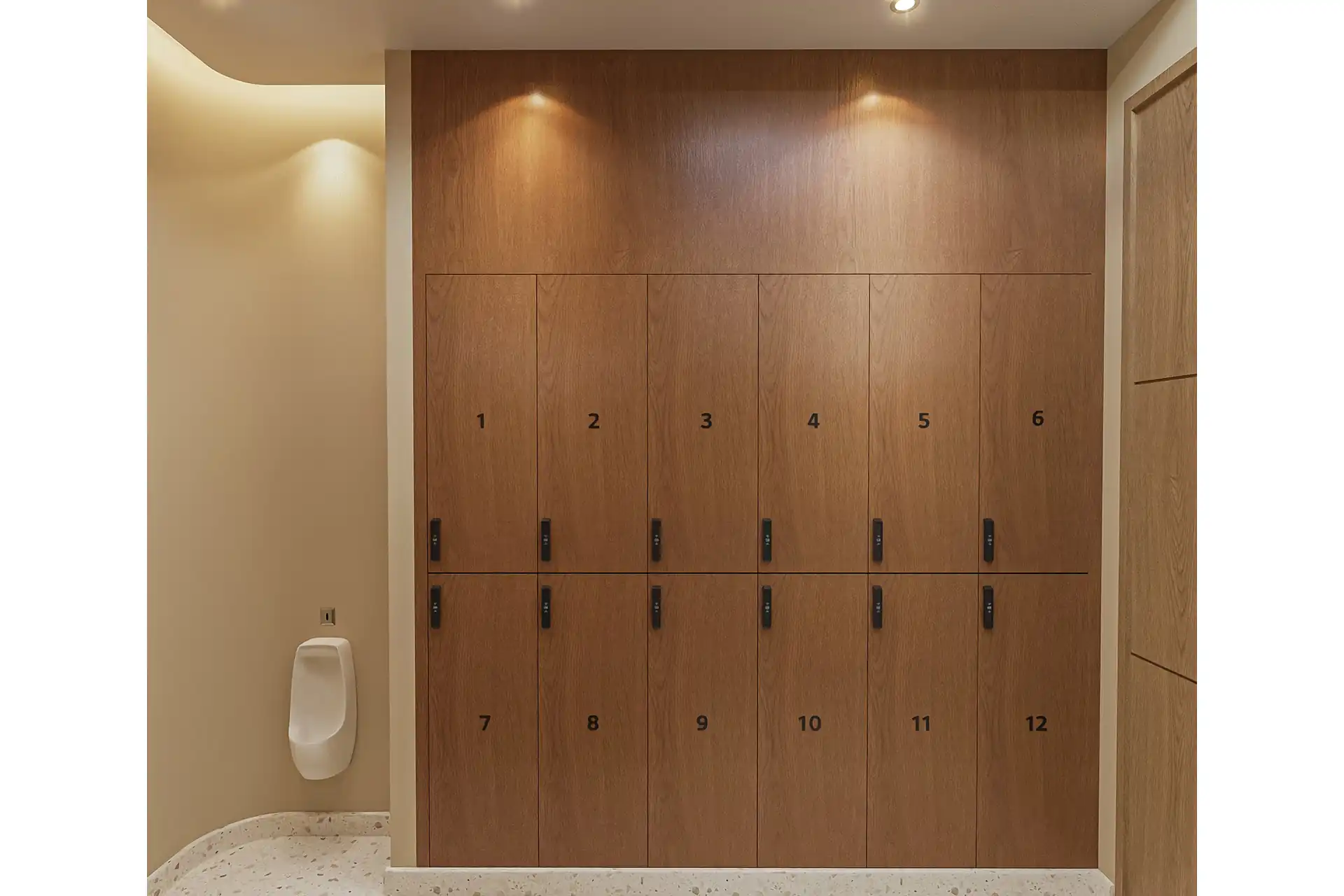 Botanica Pru Jampa Pool Villas numbered wooden lockers in clubhouse restroom
