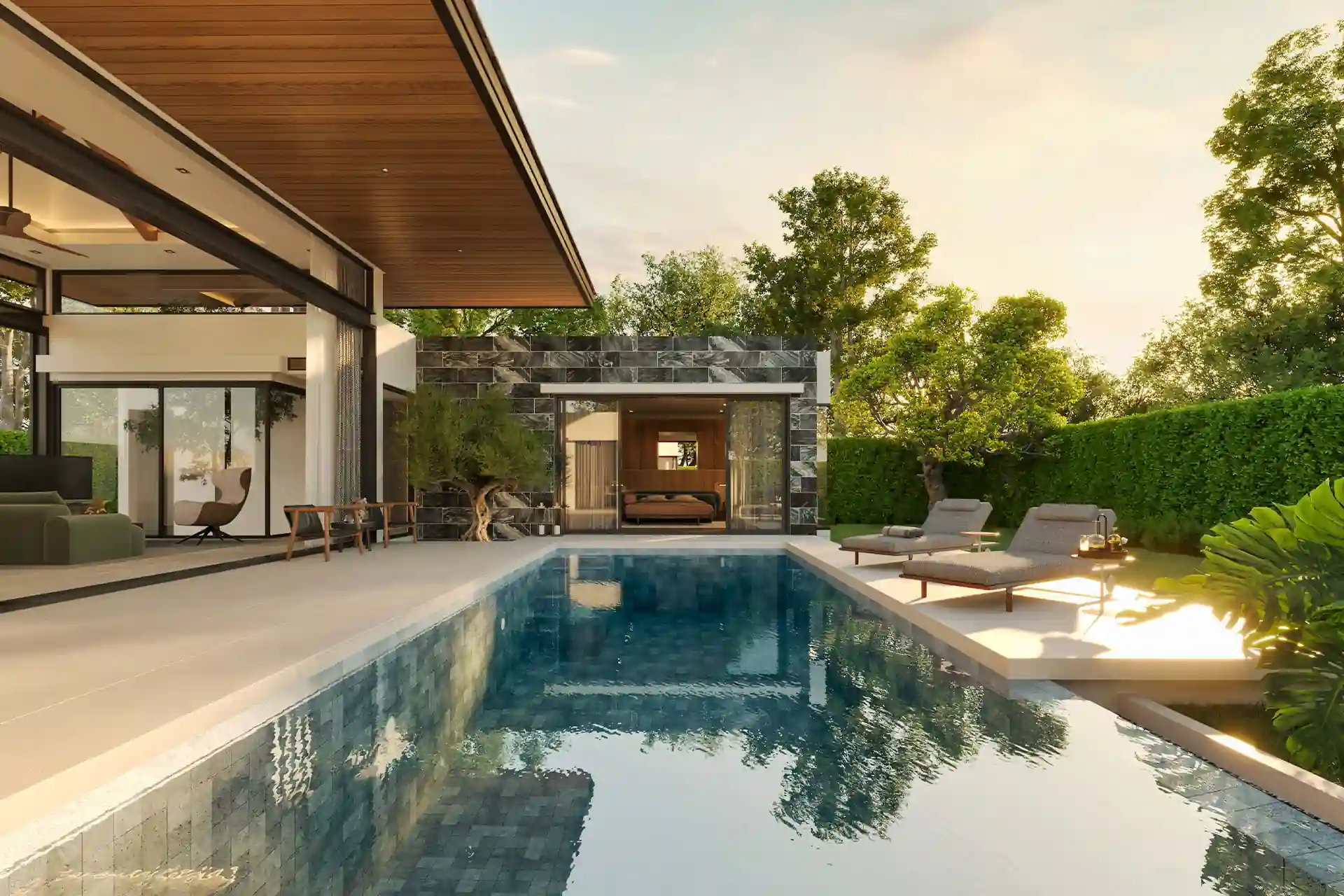Botanica Pru Jampa Pool Villas long lap pool and sunbeds