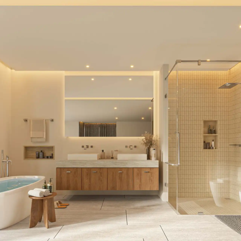 Botanica Pru Jampa Pool Villas luxury bathroom with freestanding tub and shower