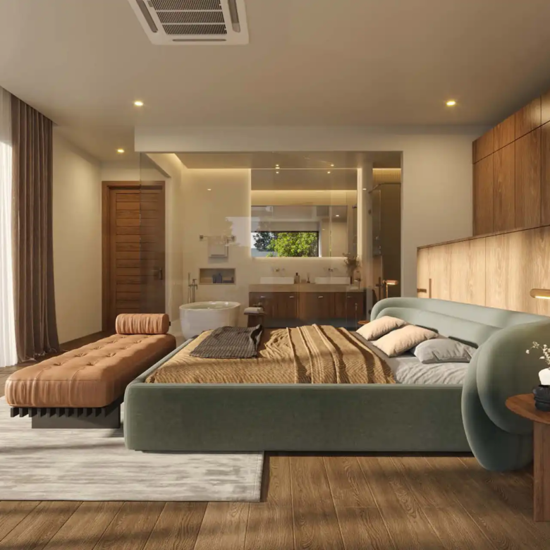 Botanica Pru Jampa Pool Villas master bedroom with ensuite and terrace access