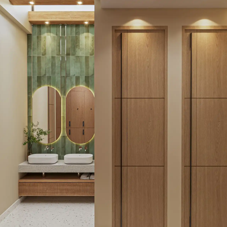 Botanica Pru Jampa Pool Villas spa locker entrance with double vanity