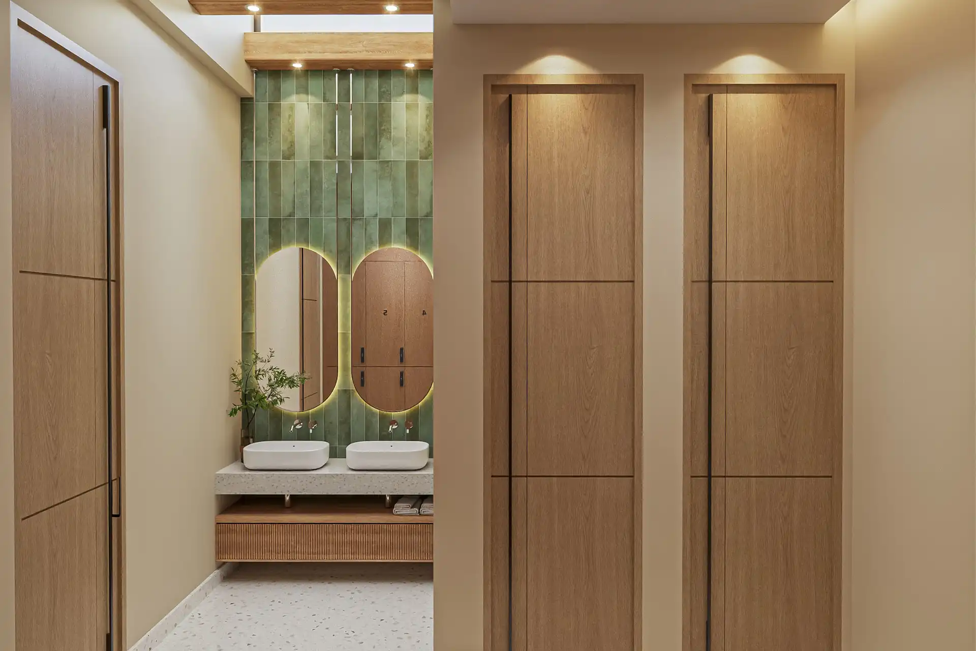 Botanica Pru Jampa Pool Villas spa locker entrance with double vanity