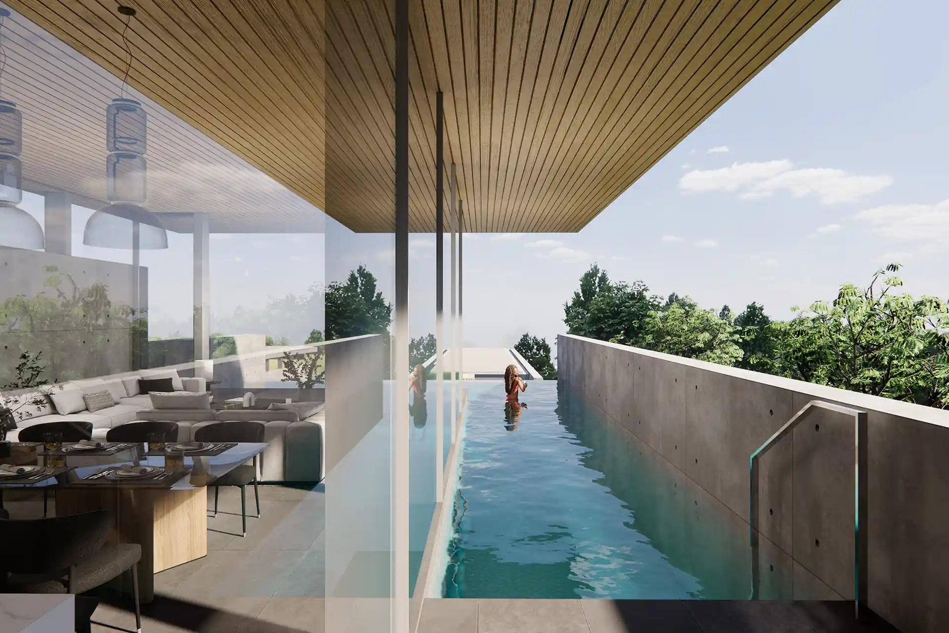 Sea Theatre Beachfront Rawai cantilever lap pool beside open living