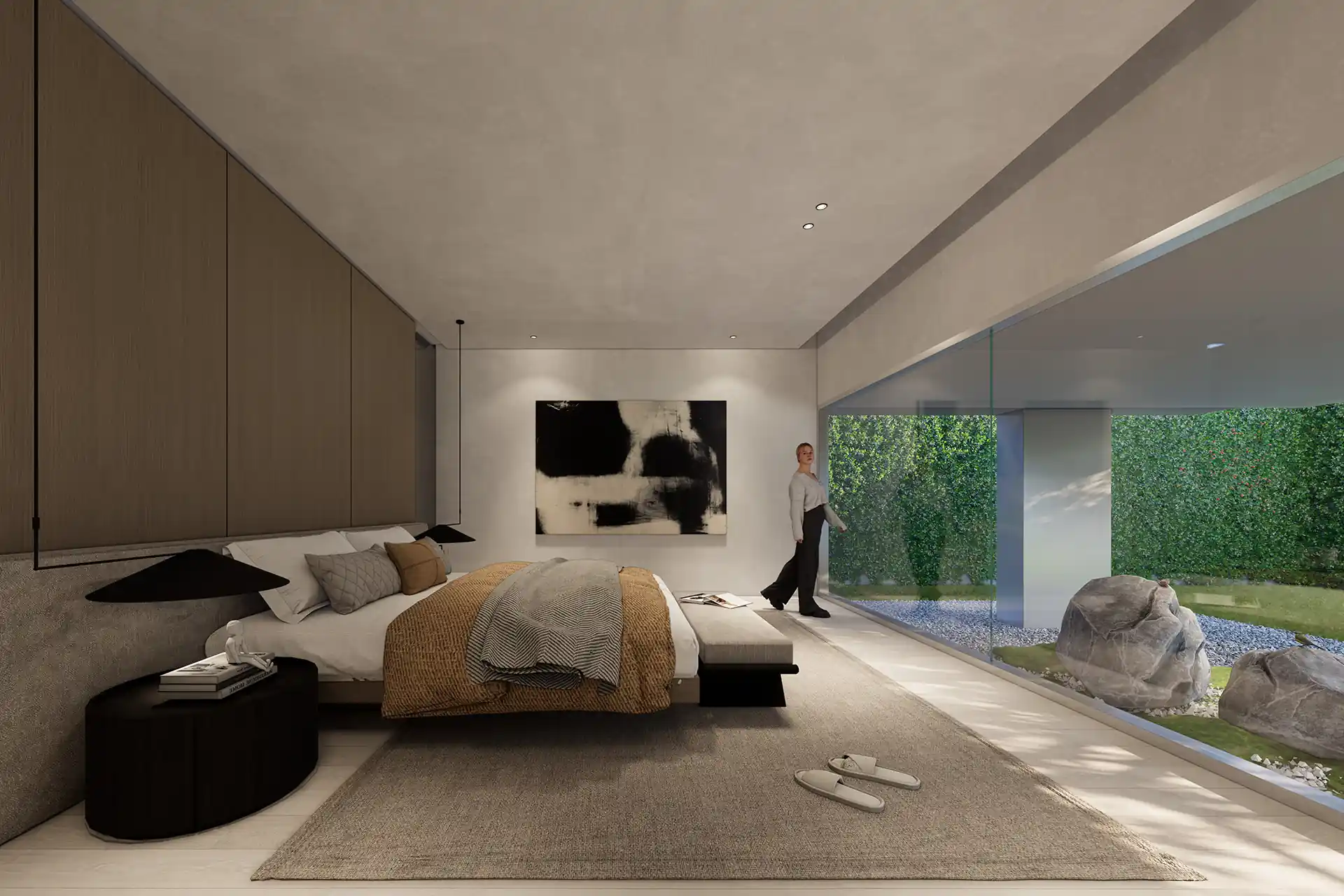 Sea Theatre Beachfront Rawai guest bedroom facing private courtyard garden and rocks