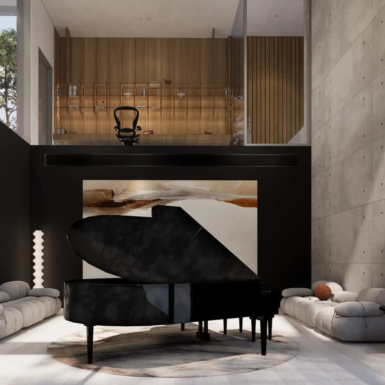 Sea Theatre Beachfront Rawai double height piano hall with mezzanine study