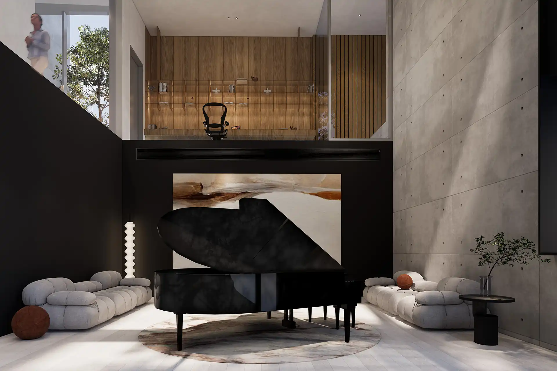 Sea Theatre Beachfront Rawai double height piano hall with mezzanine study