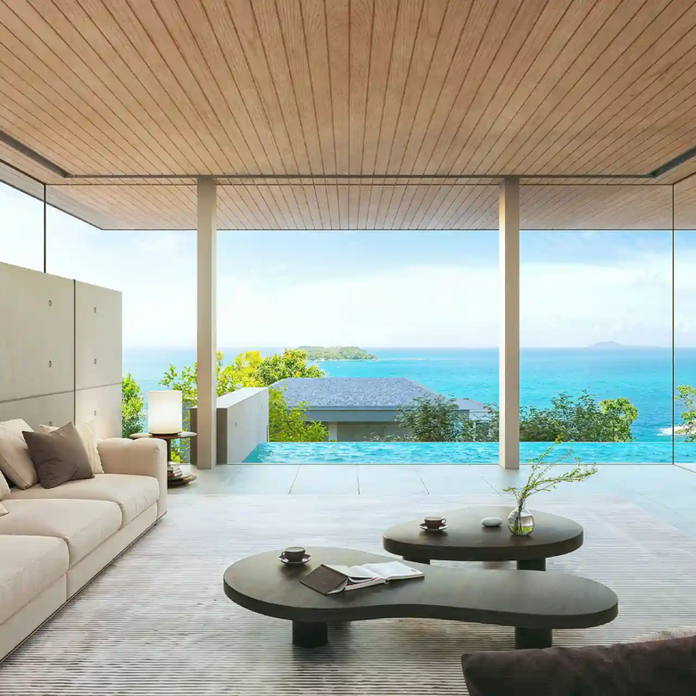 Sea Theatre Beachfront Rawai living room with panoramic ocean horizon
