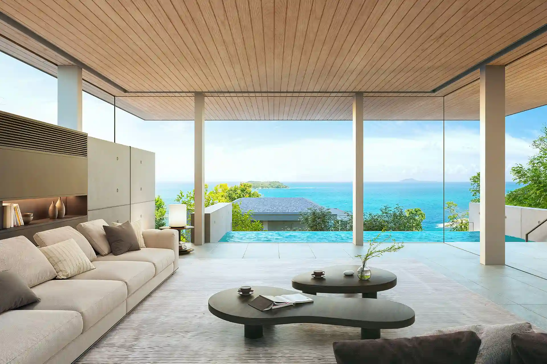 Sea Theatre Beachfront Rawai living room with panoramic ocean horizon