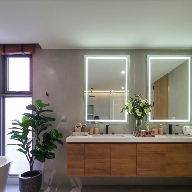 Serene Raya Bangjo bathroom with illuminated double vanity and modern cabinets