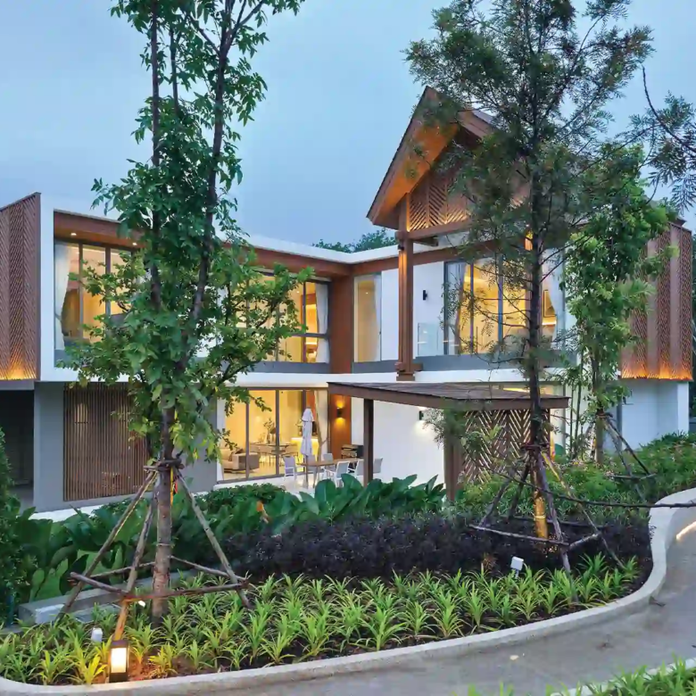 Serene Raya Bangjo corner angle of pool villa with landscaped tropical garden