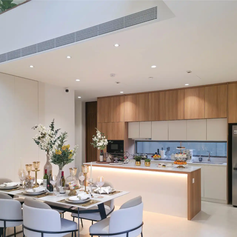 Serene Raya Bangjo elegant dining room beside bright modern kitchen island