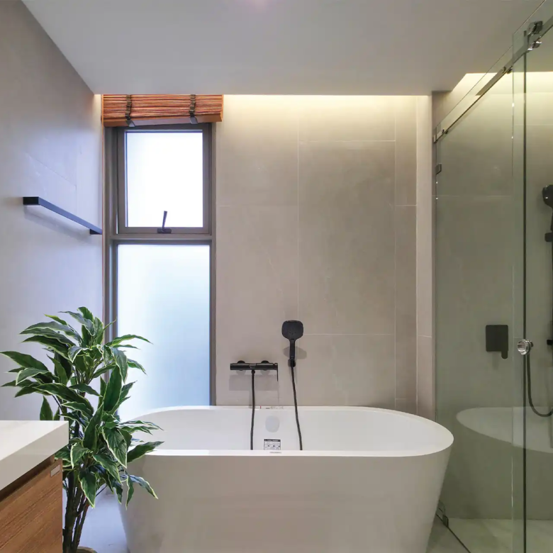 Serene Raya Bangjo ensuite bathroom with soaking tub and large window