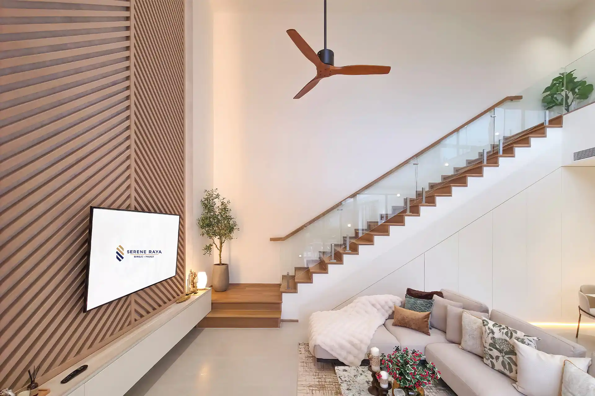 Serene Raya Bangjo stylish living room with wood feature wall and staircase