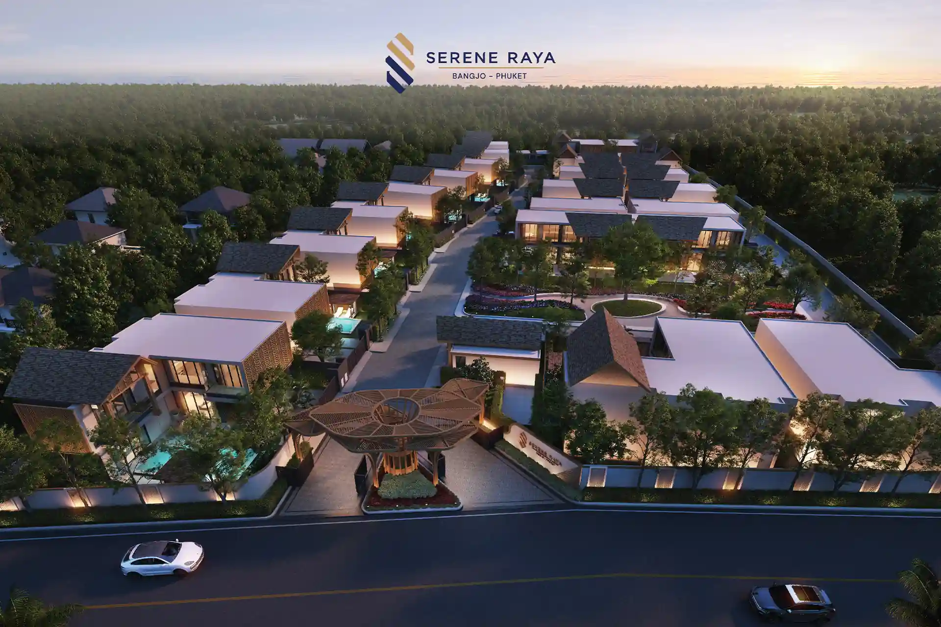 Serene Raya Bangjo aerial view of gated luxury villa community in Phuket