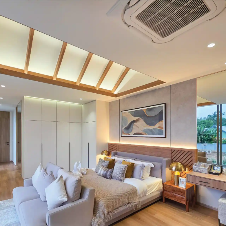 Serene Raya Bangjo master bedroom with feature ceiling and warm lighting