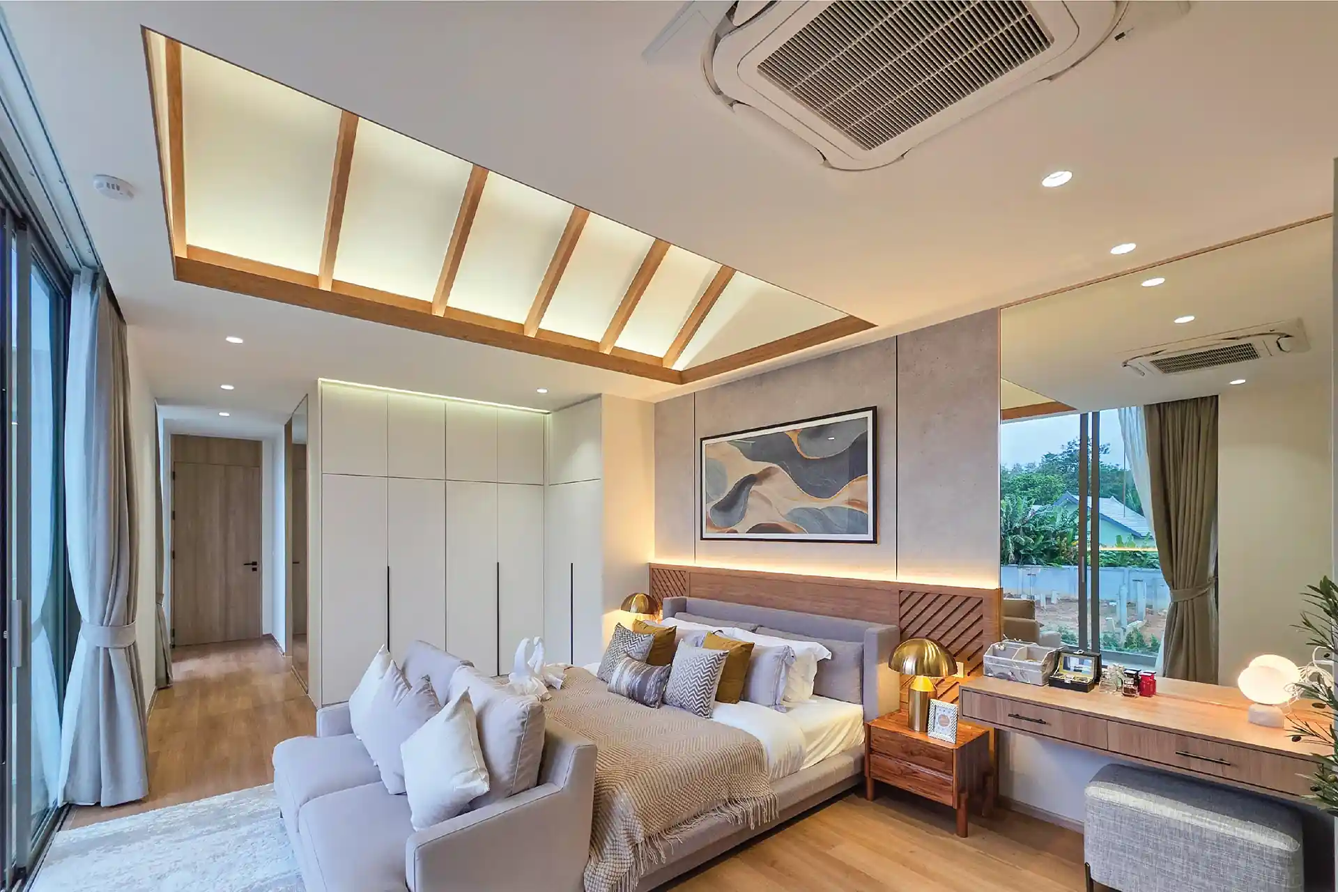 Serene Raya Bangjo master bedroom with feature ceiling and warm lighting