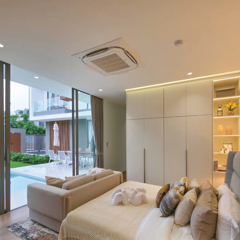 Serene Raya Bangjo bedroom with direct pool access and garden views