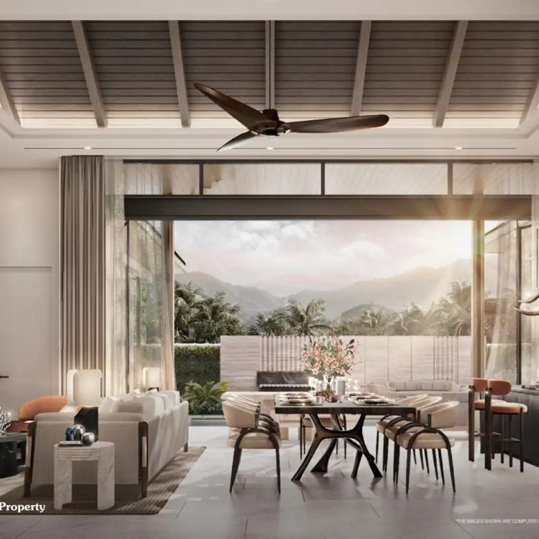 Villa Kirara Pool Villas, Cherng Talay Myrrha living dining with mountain sunset