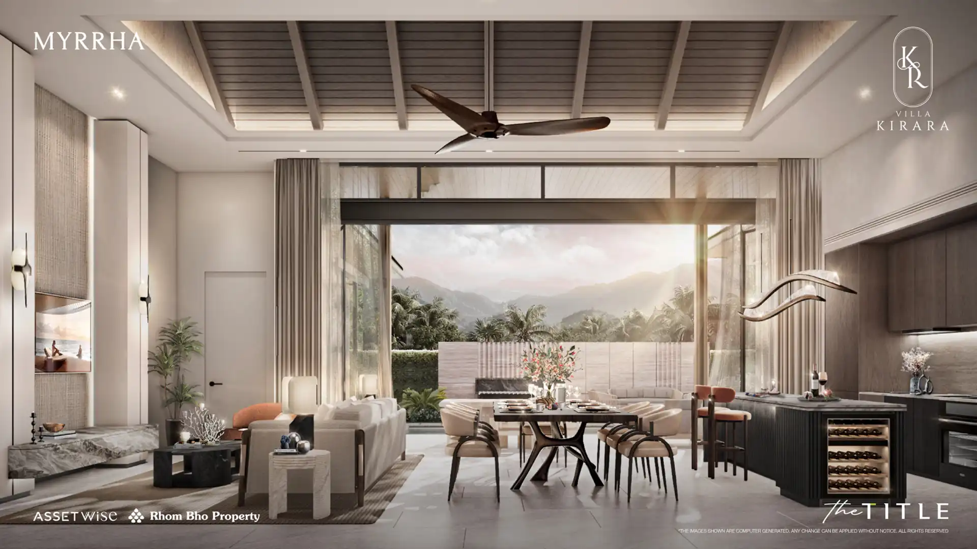 Villa Kirara Pool Villas, Cherng Talay Myrrha living dining with mountain sunset