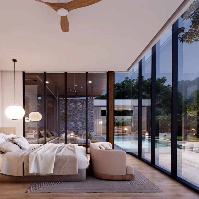 Mono Champaca Pool Villas bedroom with full-height glass to pool