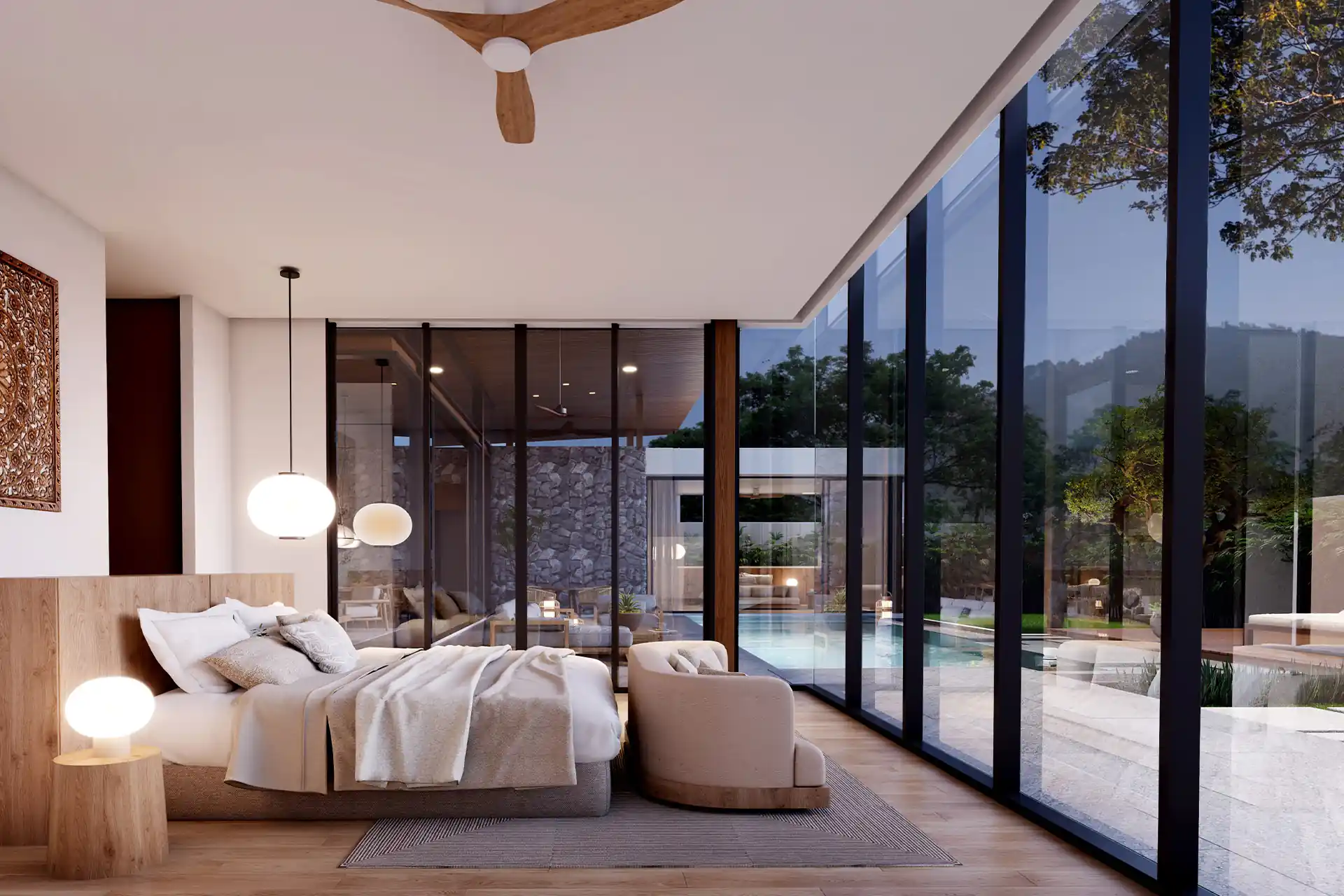 Mono Champaca Pool Villas bedroom with full-height glass to pool