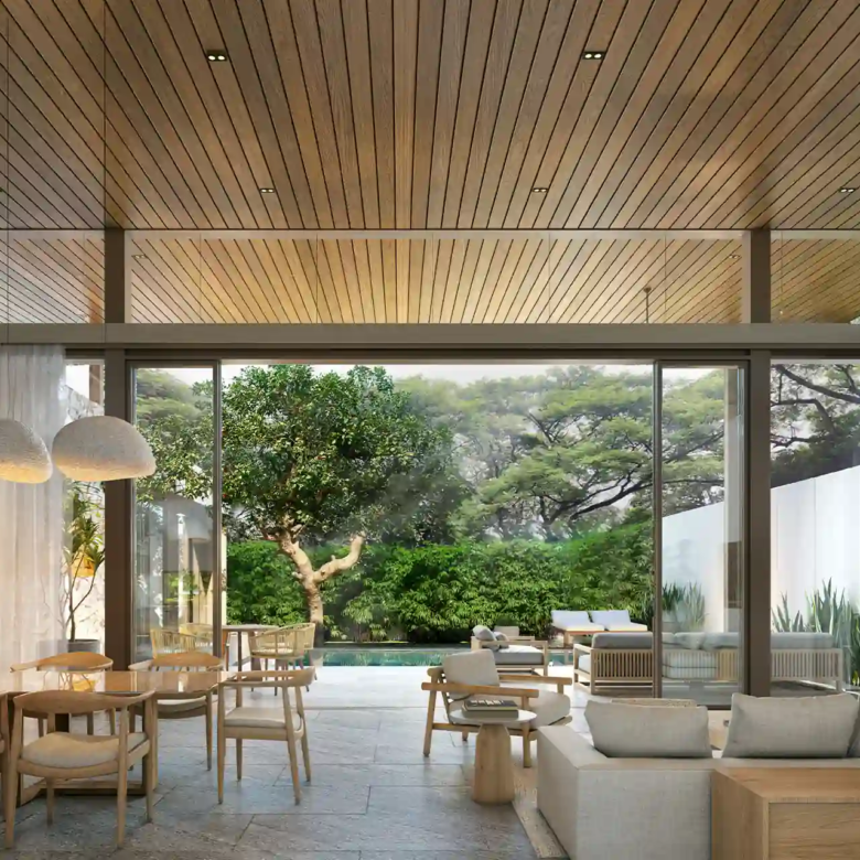 Mono Champaca Pool Villas airy dining area with garden view