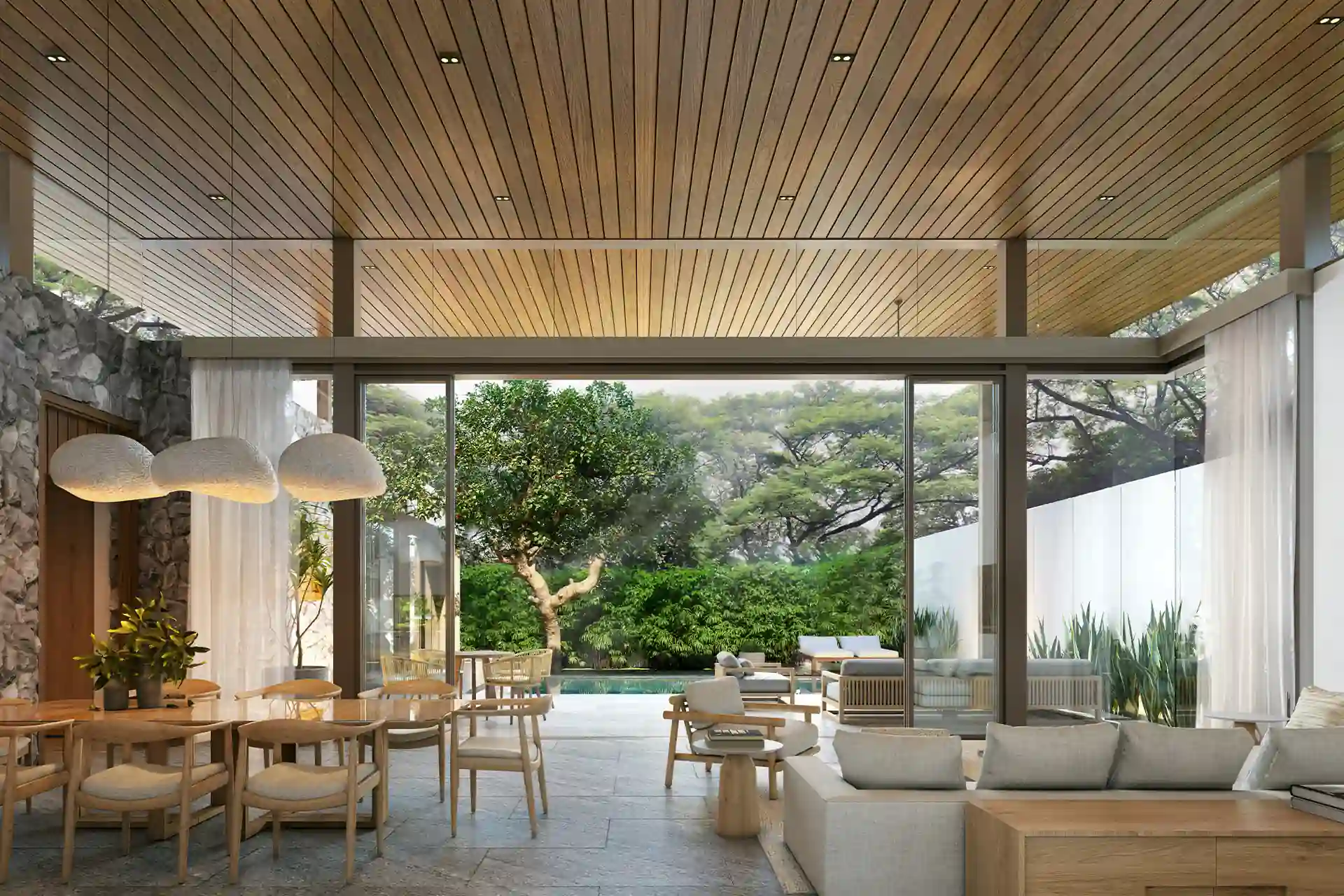 Mono Champaca Pool Villas airy dining area with garden view