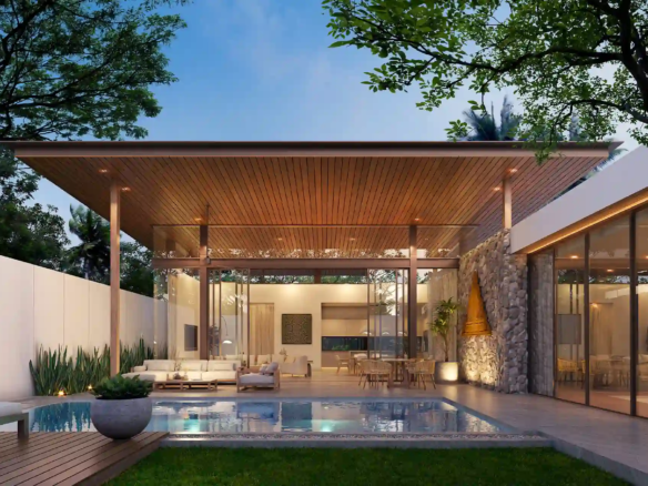 Mono Champaca Pool Villas evening pool terrace under teak roof