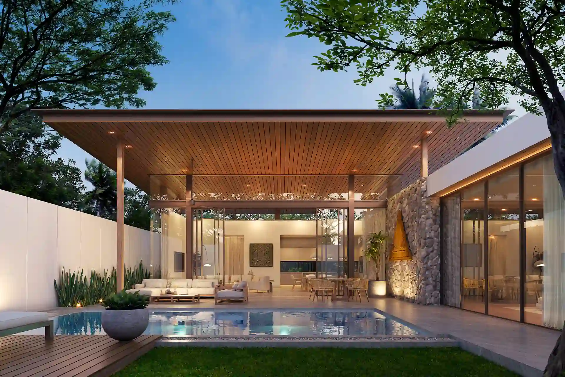 Mono Champaca Pool Villas evening pool terrace under teak roof