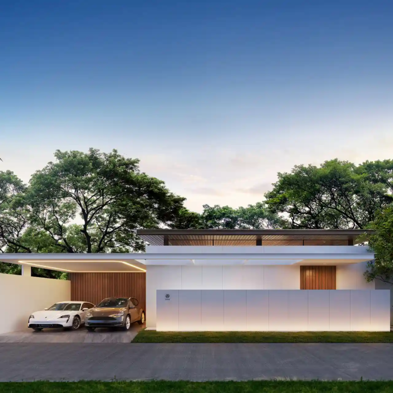 Mono Champaca Pool Villas modern facade with covered carport
