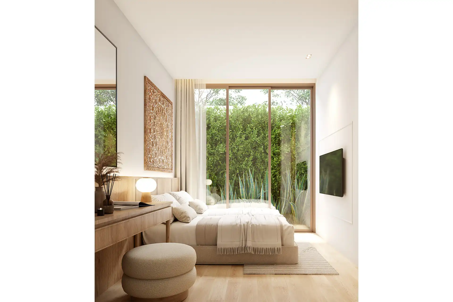 Mono Champaca Pool Villas guest bedroom with garden-facing window wall