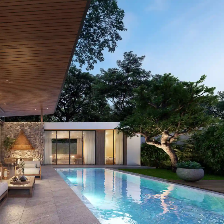 Mono Champaca Pool Villas lap pool beside lounge and garden
