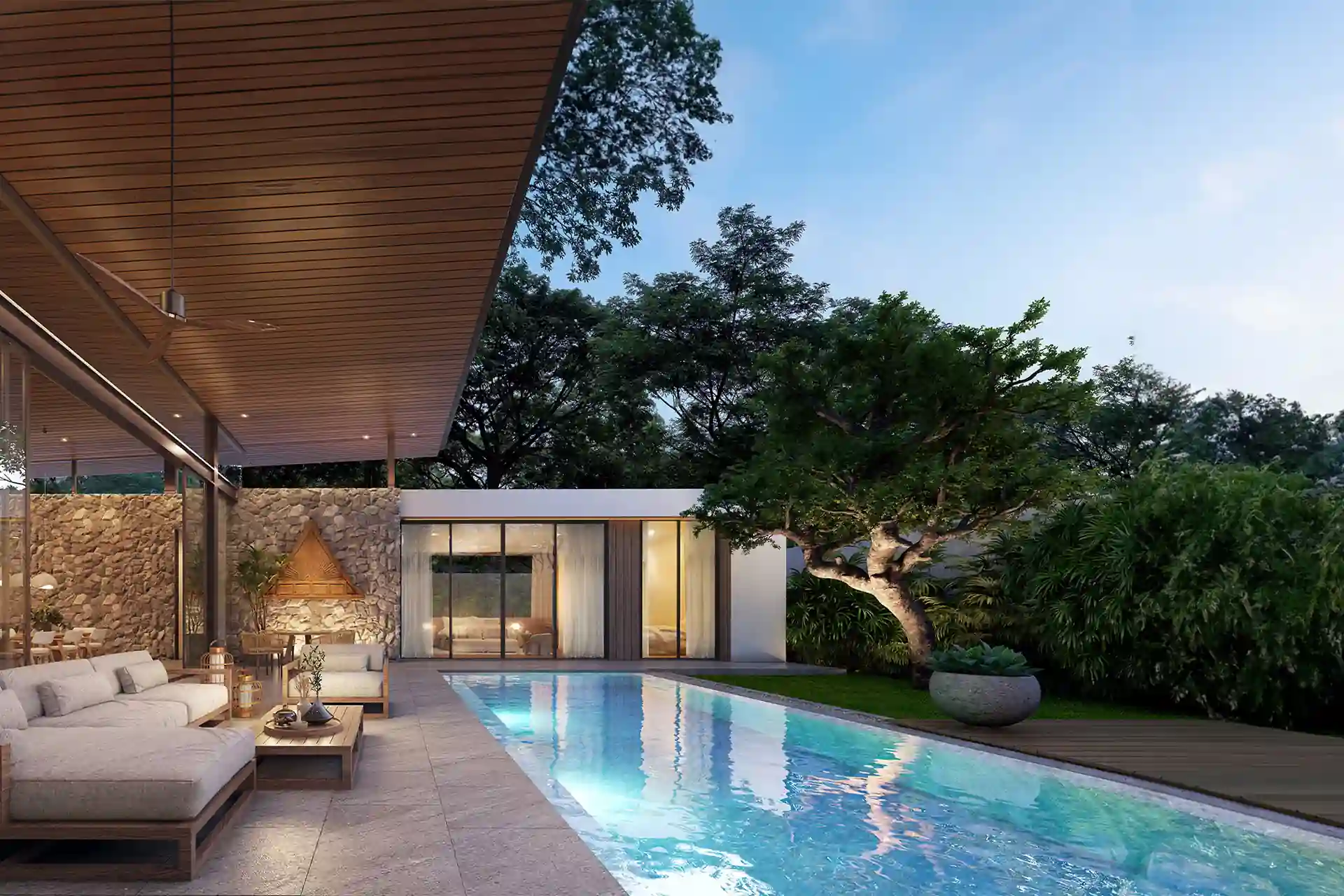 Mono Champaca Pool Villas lap pool beside lounge and garden