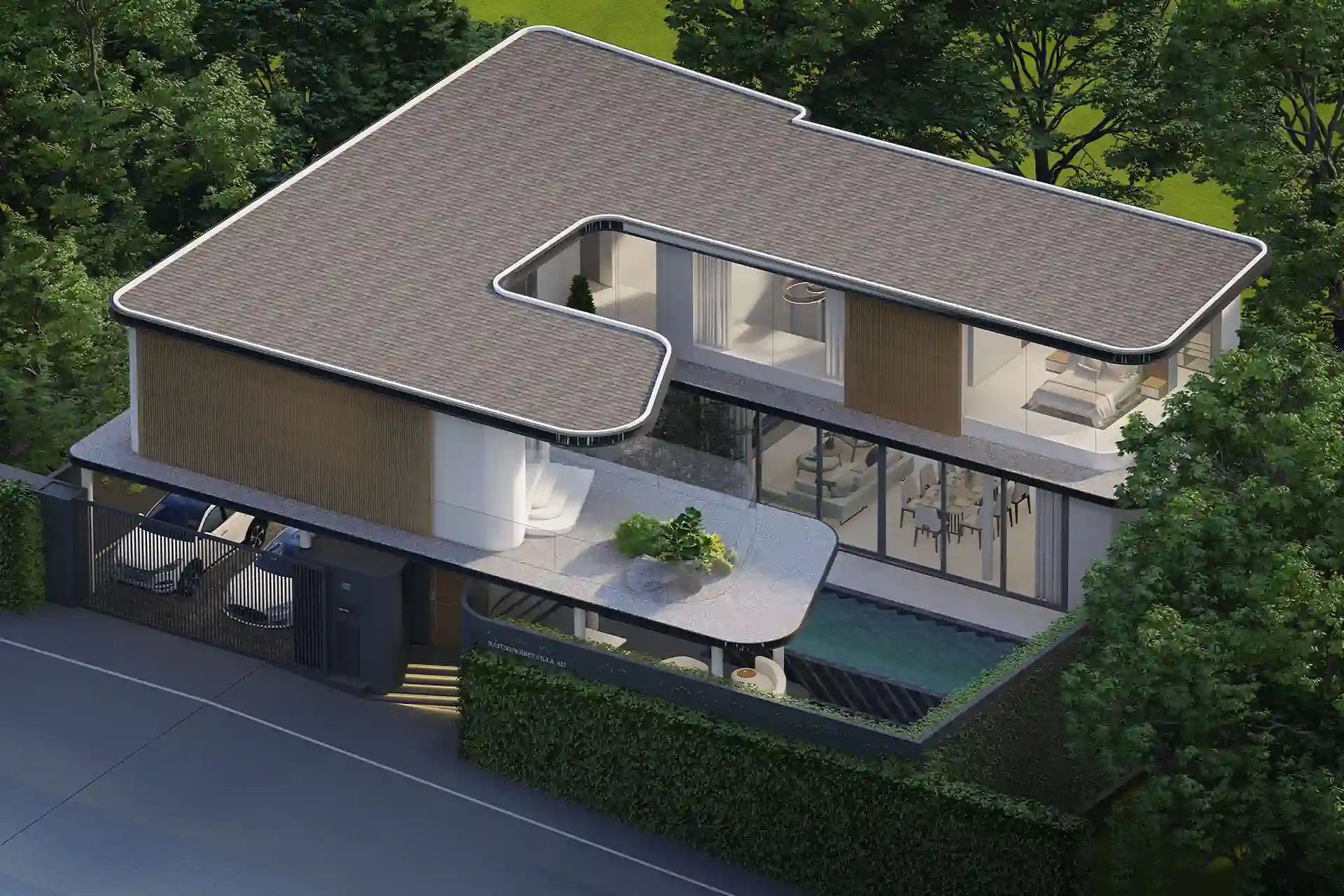 Nature's Rest Villa Cherng Talay aerial view of L-shaped rooftop