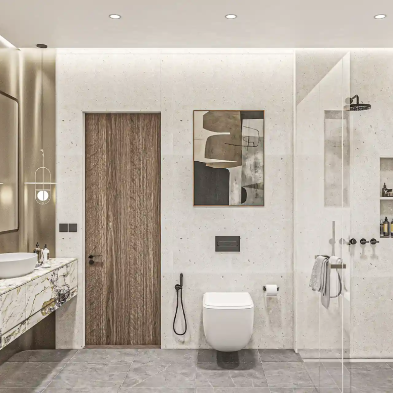 Nature's Rest Villa Cherng Talay modern bathroom with marble vanity and shower