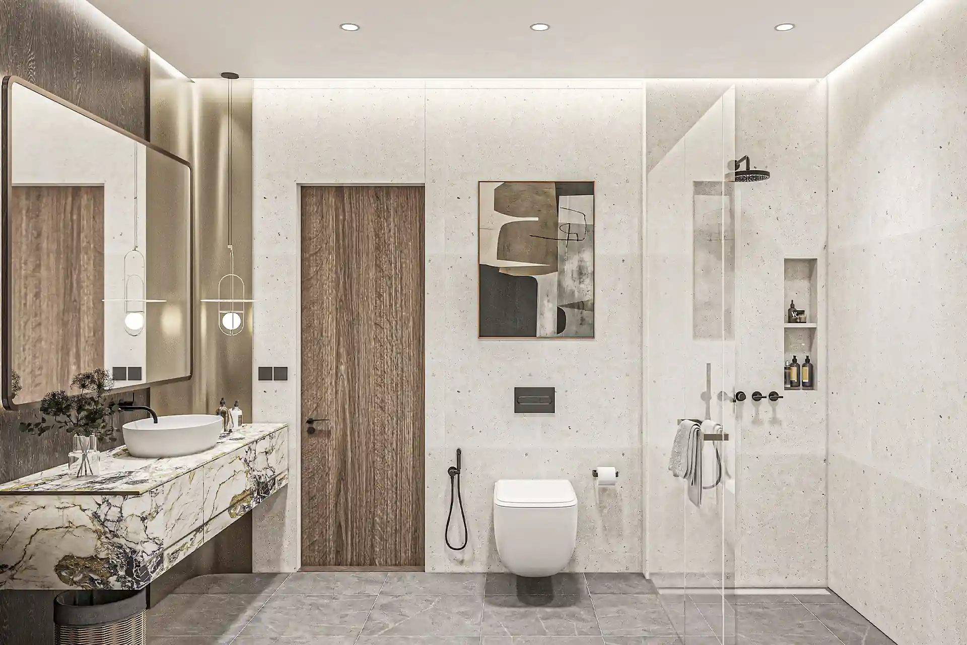 Nature's Rest Villa Cherng Talay modern bathroom with marble vanity and shower
