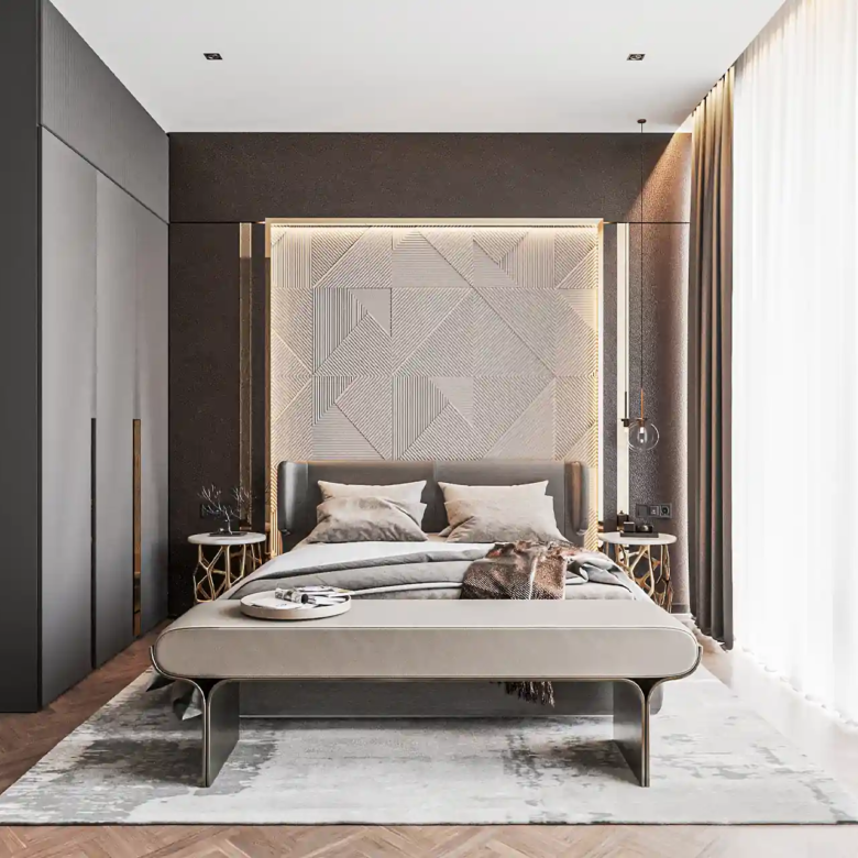 Nature's Rest Villa Cherng Talay guest bedroom with illuminated geometric headboard