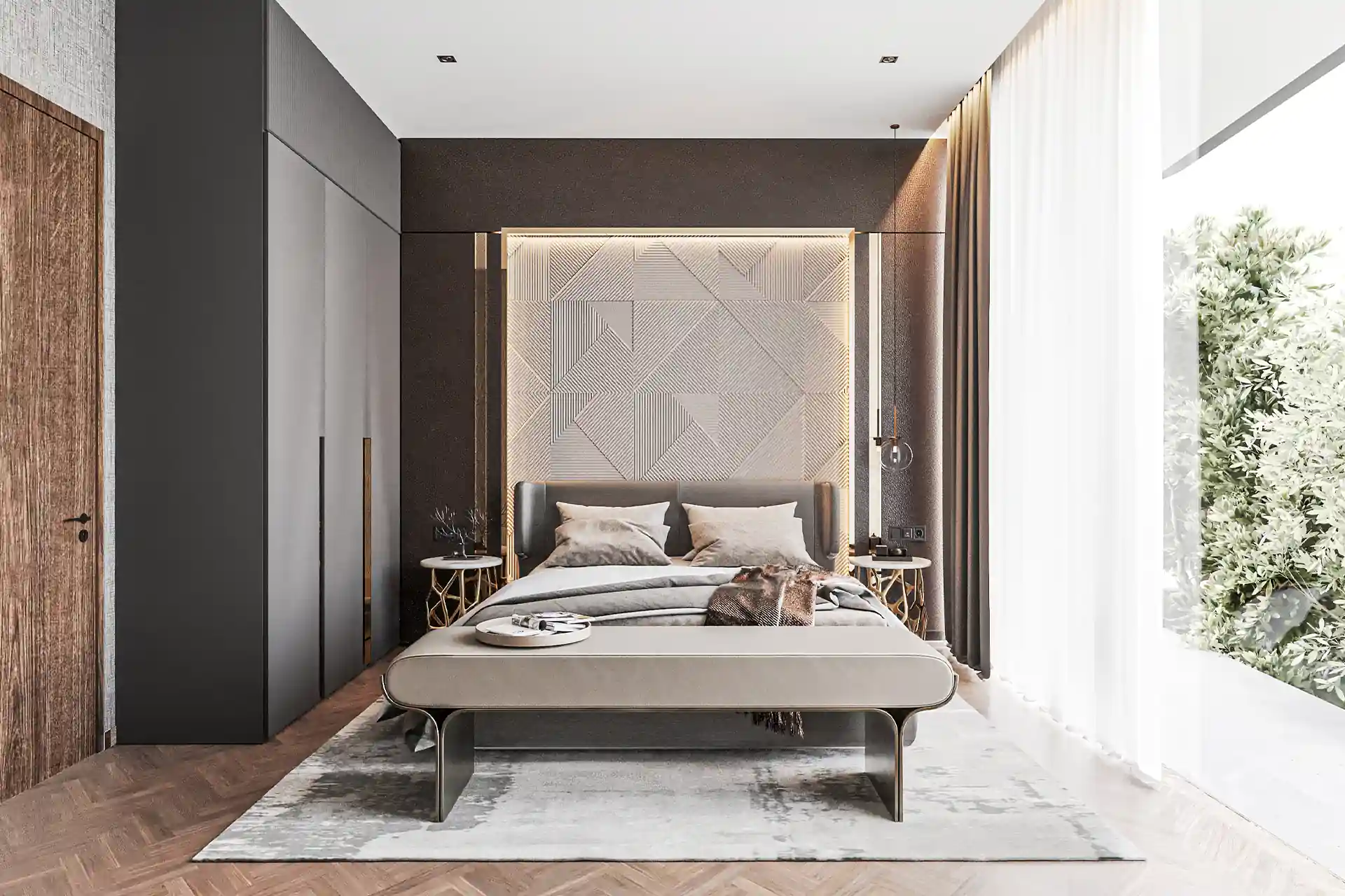 Nature's Rest Villa Cherng Talay guest bedroom with illuminated geometric headboard