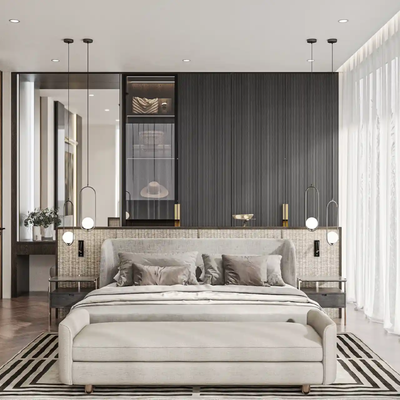 Nature's Rest Villa Cherng Talay suite bedroom with dark vertical wall panels