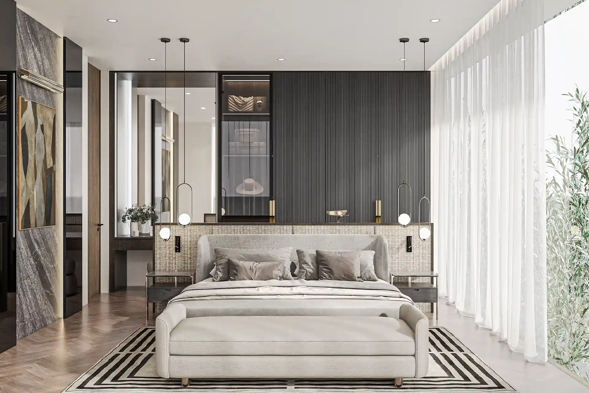 Nature's Rest Villa Cherng Talay suite bedroom with dark vertical wall panels