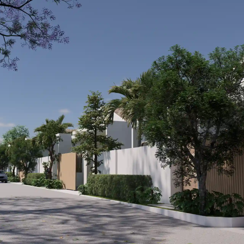 Rungtiva Private Pool Villas community road with tropical landscaping