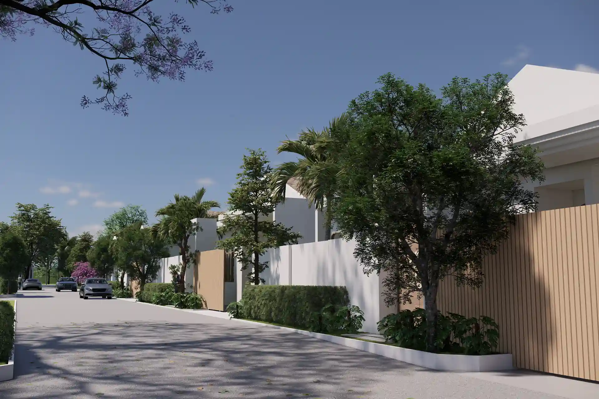 Rungtiva Private Pool Villas community road with tropical landscaping
