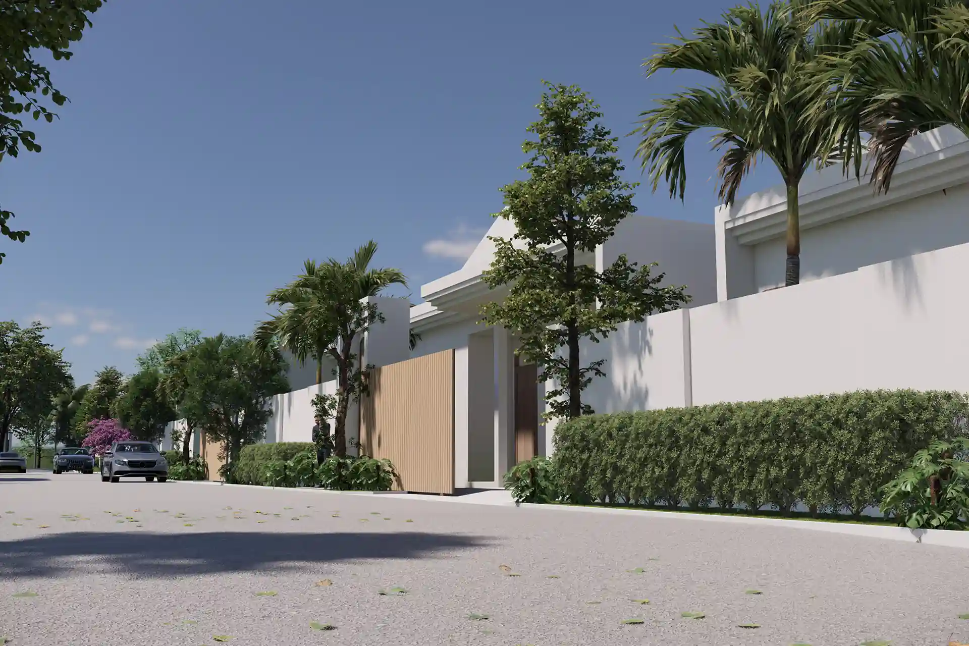 Rungtiva Private Pool Villas front entrance along landscaped common road